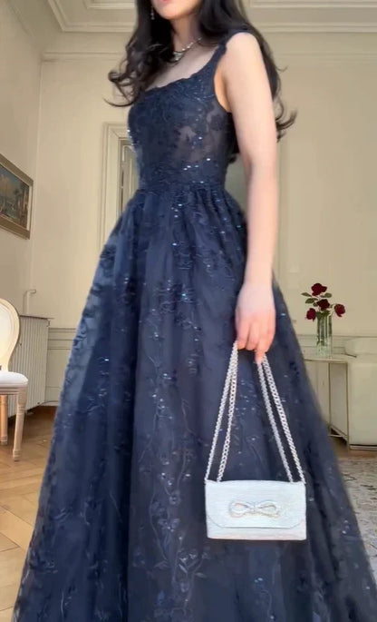 Navy Blue Vintage Fashion Elegant Strapless A-Line Delicate Lace Long Tulle Ball Gown Evening Dress gh3616
