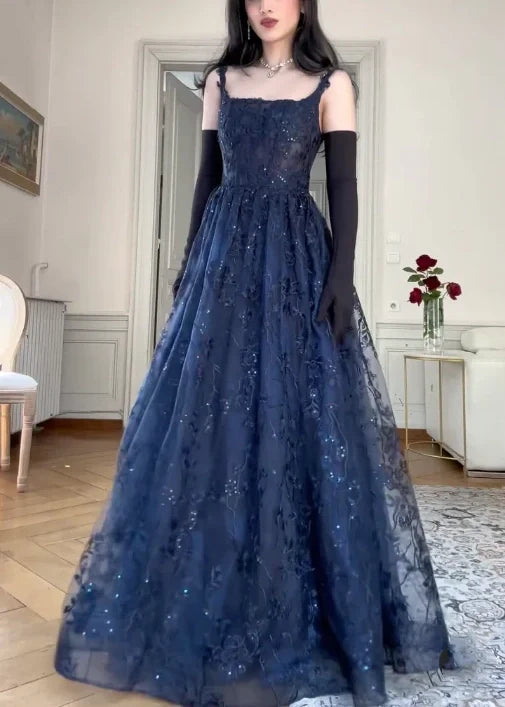 Navy Blue Vintage Fashion Elegant Strapless A-Line Delicate Lace Long Tulle Ball Gown Evening Dress gh3616