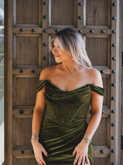 Green Sheath Off the Shoulder Corset Velvet Long Prom Dress Evening Dress with Slit SH2034
