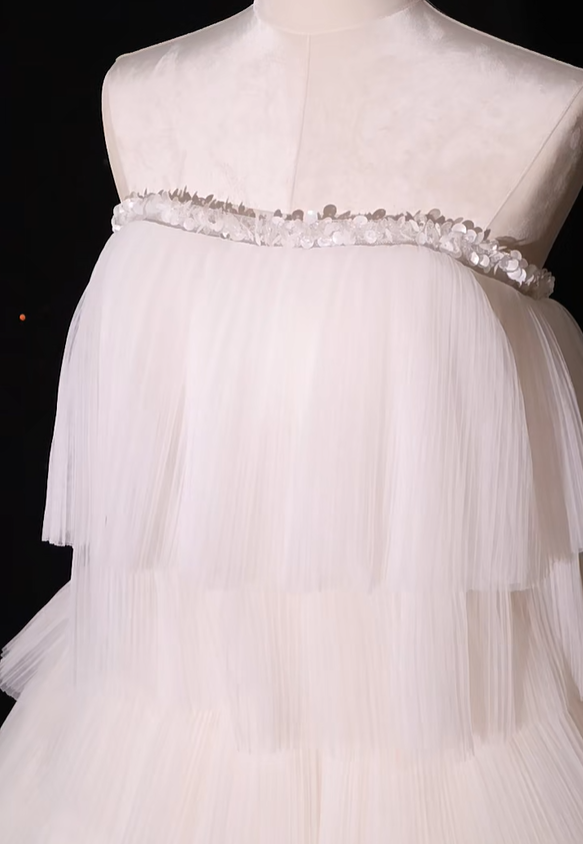Classy White Strapless Tulle Pleated Layered A Line Birthday Outfits Short Graduation Homecoming Dress S973