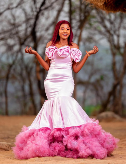 Charming Mermaid Off the Shoulder 3D Flower Pink Satin Tulle Prom Dress Evening Dress SH2335