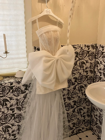 White Bow A Line Strapless Beaded Lace Satin Short Homecoming Dress Birthday Dress SH3859