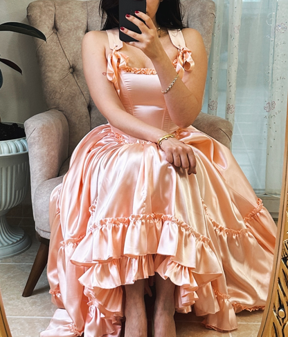 Princess A Line Straps Ruffles Light Pink Satin Prom Dress Evening Dress SH2145