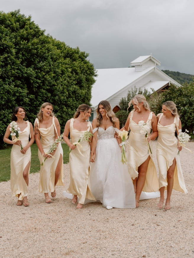 Elegant A Line Spaghetti Strap Yellow Satin Evening Dress Bridesmaid Dress with Slit SH2696