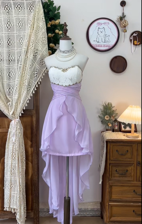 Vintage A Line Sweetheart Neck Beaded White Lace Purple Chiffon Homecoming Dress Cocktail Dress SH2953