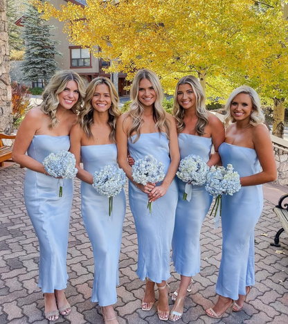 Simple Baby Blue Sheath Strapless Satin Long Bridesmaid Dress Evening Dress SH2831