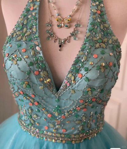 Vintage Blue Tulle Beaded Sleeveless A Line Birthday Dress Homecoming Dress S541