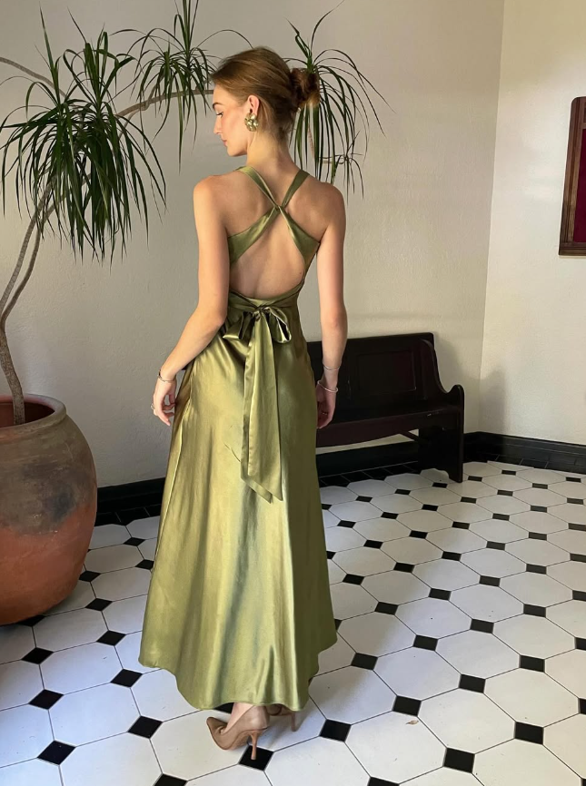 Green Sheath Halter Bow Satin Open Back Prom Dress Graduation Prom Dress SH2587