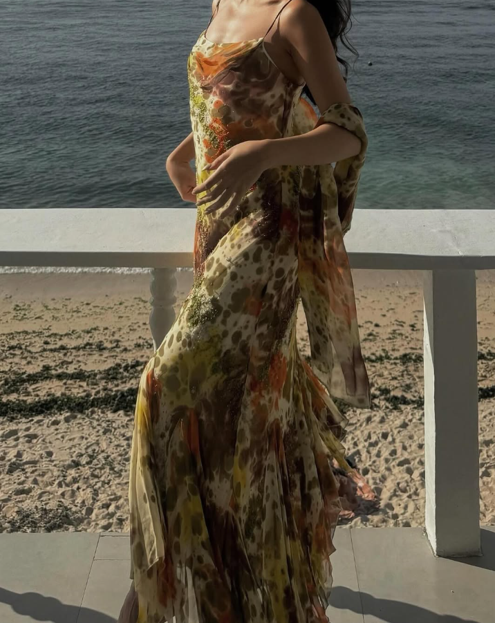 Vintage Mermaid Spaghetti Strap Beaded Ruffle Chiffon Long Prom Dress Evening Dress SH2059