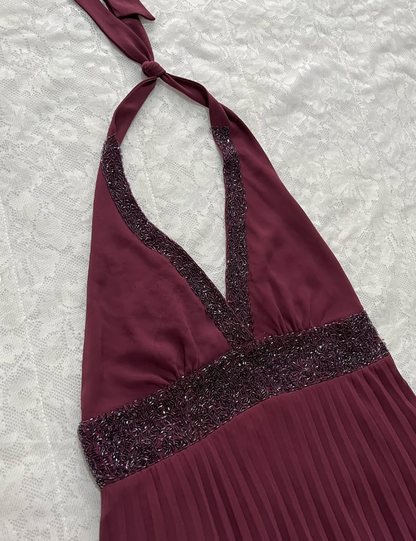 Vintage A Line Halter Beaded Chiffon Open Back Prom Dress Graduation Prom Dress SH2568