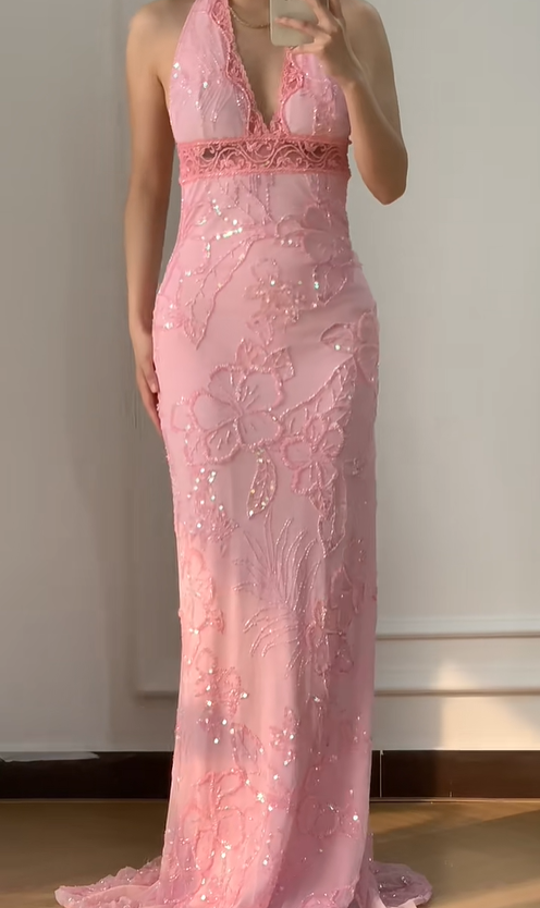 Vintage Sheath V Neck Beaded Pink Chiffon Long Prom Dress Evening Dress SH3342