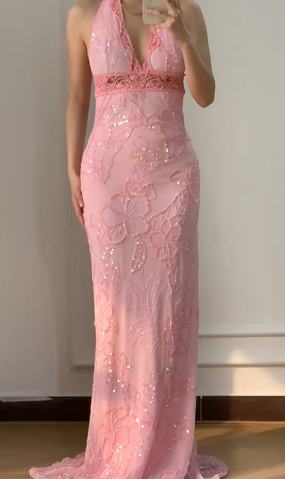 Vintage Sheath V Neck Beaded Pink Chiffon Long Prom Dress Evening Dress SH3342