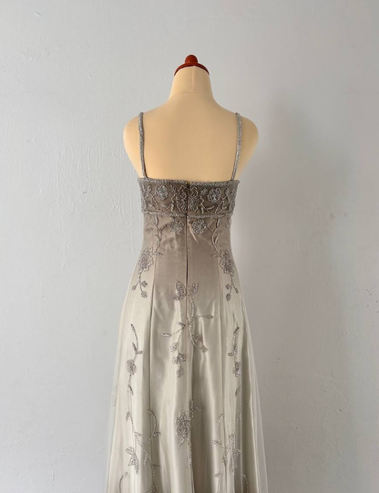 Vintage A Line Spaghetti Strap Beaded Tulle Grey Ombre Satin Prom Dress Graduation Prom Dress SH2659