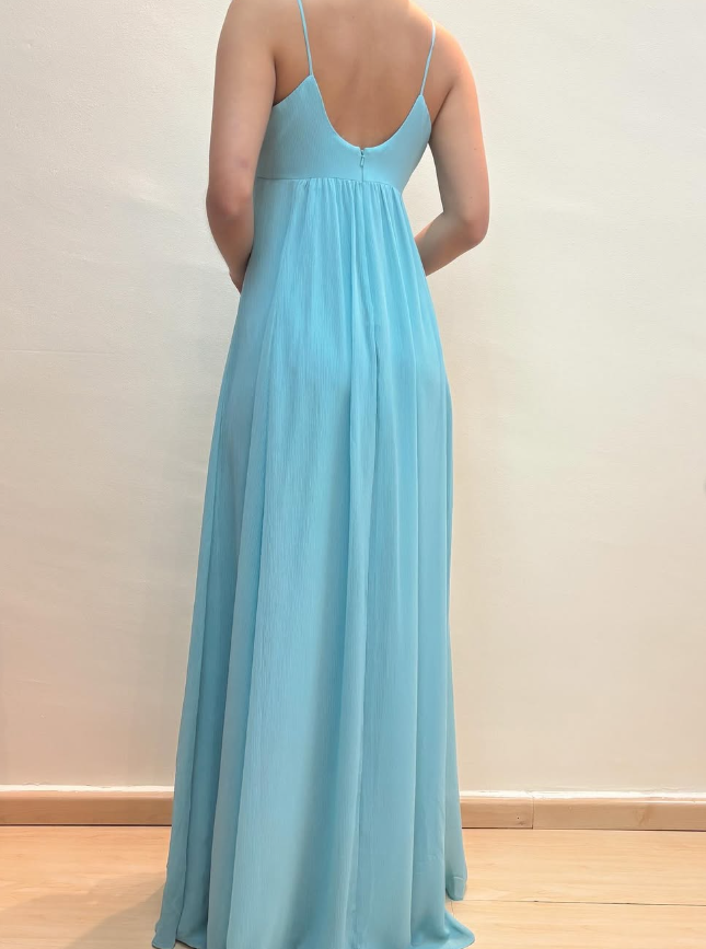2025 New A Line Spaghetti Strap Beaded Sequin Blue Chiffon Prom Dress Evening Dress SH2224