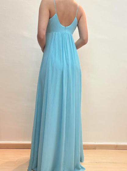 2025 New A Line Spaghetti Strap Beaded Sequin Blue Chiffon Prom Dress Evening Dress SH2224