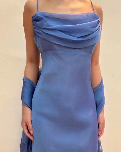 Elegant Blue Chiffon Sheath Prom Dress Party Gown