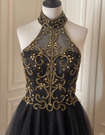 Stylish Halter Tulle Beaded A Line Homecoming Dress Black Sleeveless Birthday Dress Cocktail Dress S544