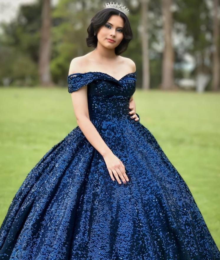 Shiny Royal Blue Ball Gown Off the Shoulder Sequin Sweet 16 Dress Party Gowns Quinceanera Dresses SH3559
