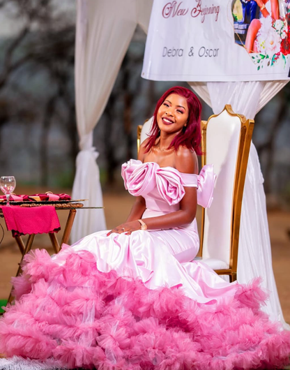 Charming Mermaid Off the Shoulder 3D Flower Pink Satin Tulle Prom Dress Evening Dress SH2335