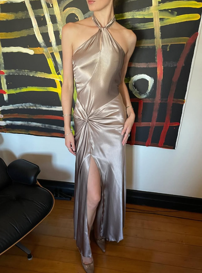 Simple A Line Halter Brown Satin Open Back Long Prom Dress Graduation Prom Dress with Slit SH2594