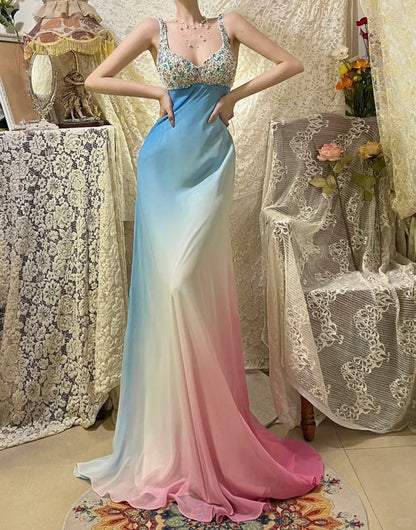 Blue rainbow beaded long chiffon mermaid ball gown evening dress party dress gh4437