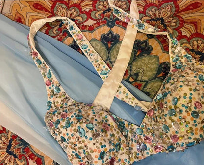 Blue rainbow beaded long chiffon mermaid ball gown evening dress party dress gh4437