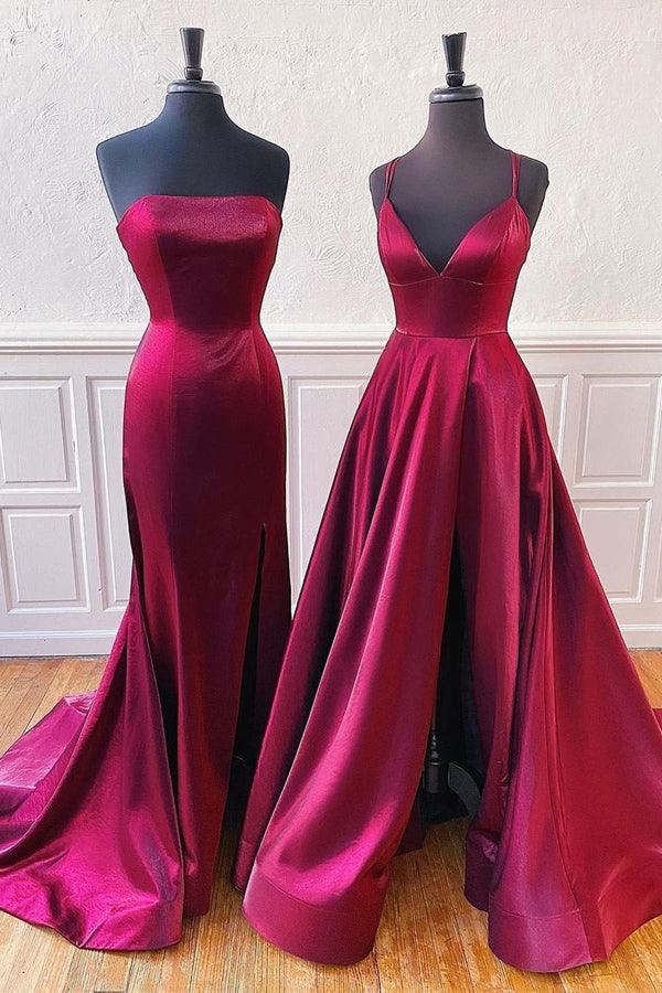 Strapless Split Burgundy Long Prom Dress With Sweep Train PSK123