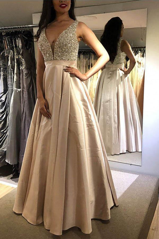 Modest V-neck Sleeveless Floor-Length Blue Prom Dress with Beading PSK081