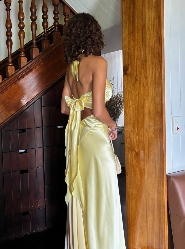 Elegant A Line Halter Yellow Bow Satin Open Back Prom Dress Graduation Prom Dress SH2589