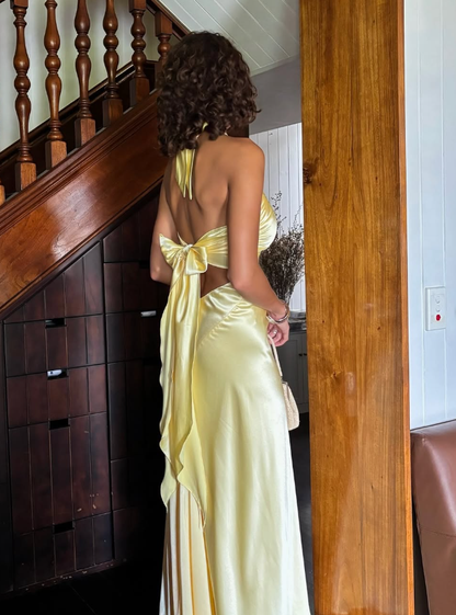 Elegant A Line Halter Yellow Bow Satin Open Back Prom Dress Graduation Prom Dress SH2589