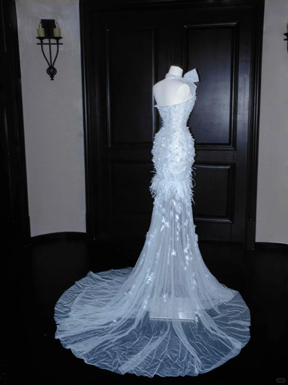 Baby Blue Mermaid Sweetheart Neck Beaded Feathder Tulle Prom Dress Evening Dress SH3350