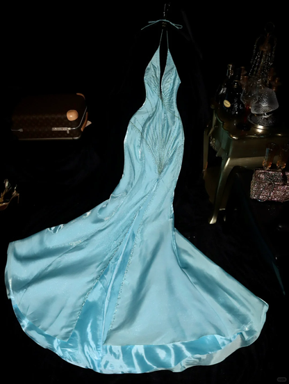 Baby Blue Mermaid V Neck Beaded Satin Long Open Back Prom Dress Evening Dress SH3142