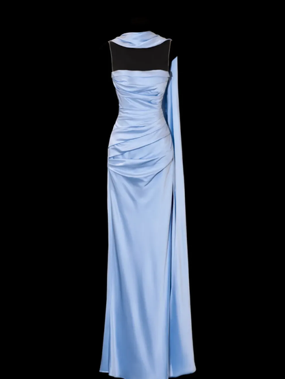 Romantic Sheath Strapless Blue Satin Open Back Long Prom Dress Graduation Prom Dress SH2489