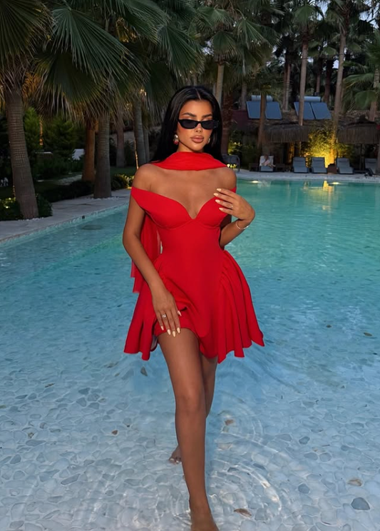 Stunning Red A Line Off the Shoulder Satin Short Homecoming Dress Cocktail Birthday Dress SH3736
