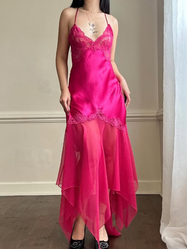 Hot Pink Sexy A Line Spaghetti Strap Lace Satin Prom Dress Evening Dress SH2316