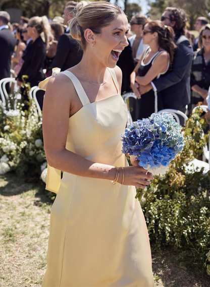 Cute A Line Spaghetti Strap Yellow Satin Evening Dress Bridesmaid Dress with Slit SH2701