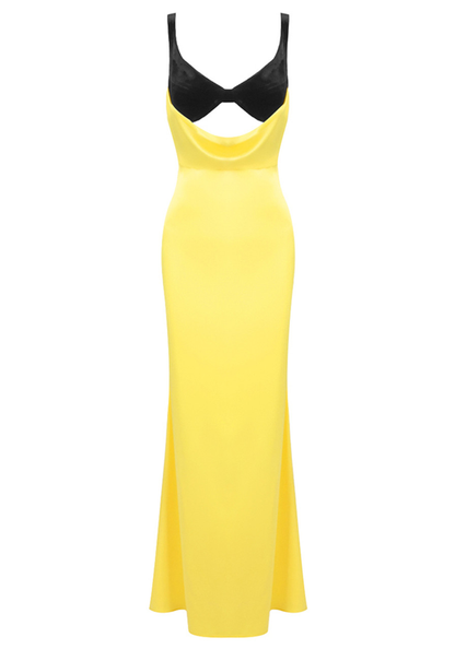 Unique Sheath Straps Yellow Black Satin Long Prom Dress Evening Dress SH3828