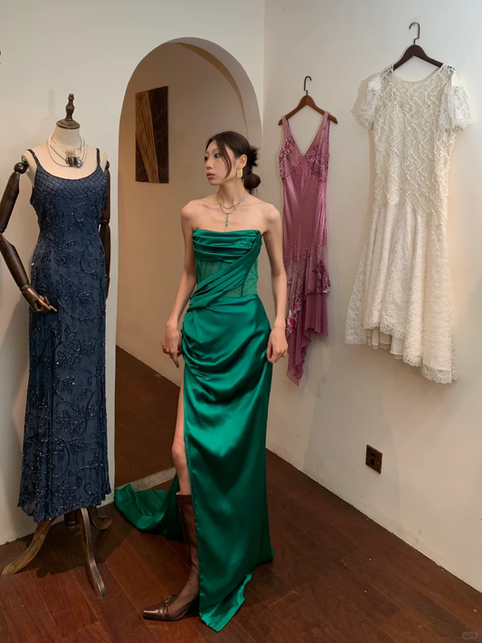 Elegant A Line Strapless Corset Green Satin Long Prom Dress Evening Dress with Slit SH2992