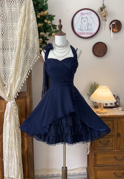 Vintage Navy Blue Chiffon A Line Homecoming Dress Cocktail Dress Mini Birthday Outfits S327
