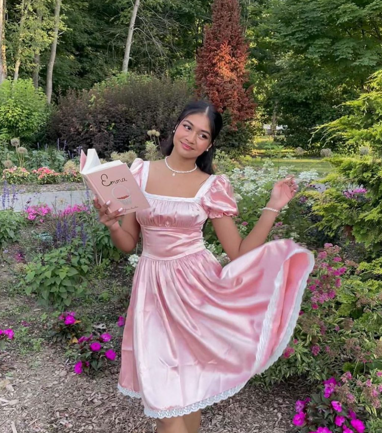 Cute Pink A Line Puff Lace Satin Short Homecoming Dress Cocktail Dress SH3684