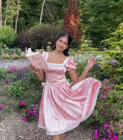 Cute Pink A Line Puff Lace Satin Short Homecoming Dress Cocktail Dress SH3684