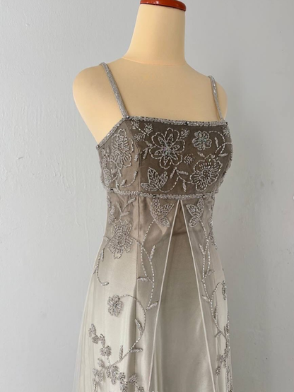 Vintage A Line Spaghetti Strap Beaded Tulle Grey Ombre Satin Prom Dress Graduation Prom Dress SH2659