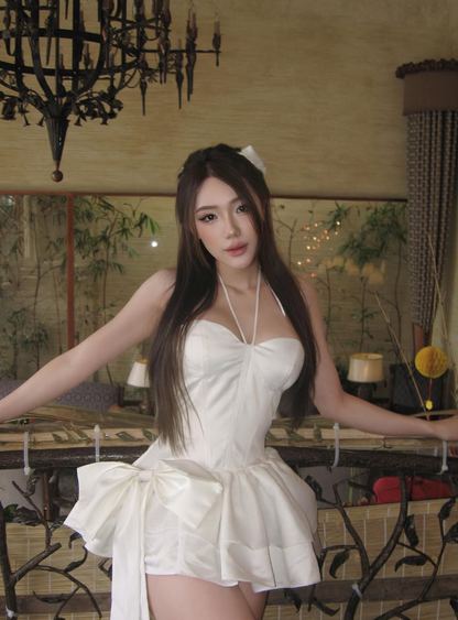 White A Line Halter Satin Mini Homecoming Dress Cocktail Dress Birthday Dress with Bow SH3813