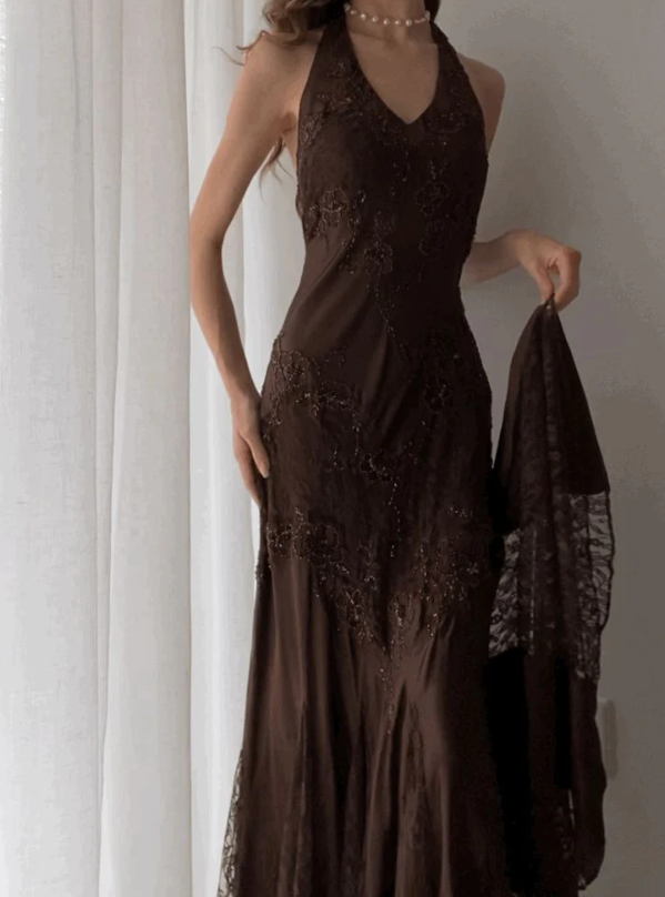 Vintage Mermaid Sleeveless Halter Brown Long Prom Dress SH1378