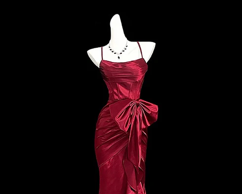 Burgundy Mermaid Straps Long Party Dress, Satin Prom Dress S201