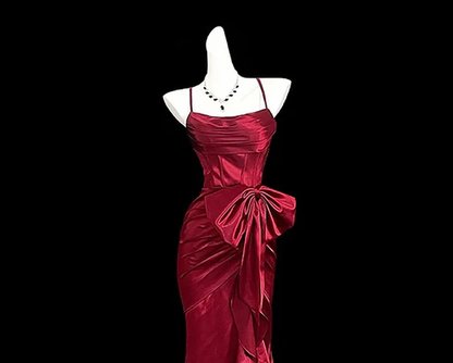 Burgundy Mermaid Straps Long Party Dress, Satin Prom Dress S201