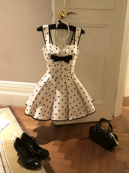 Cute A Line Strap Bow Polka Dot Satin Short Homecoming Dress Cocktail Dress SH3087