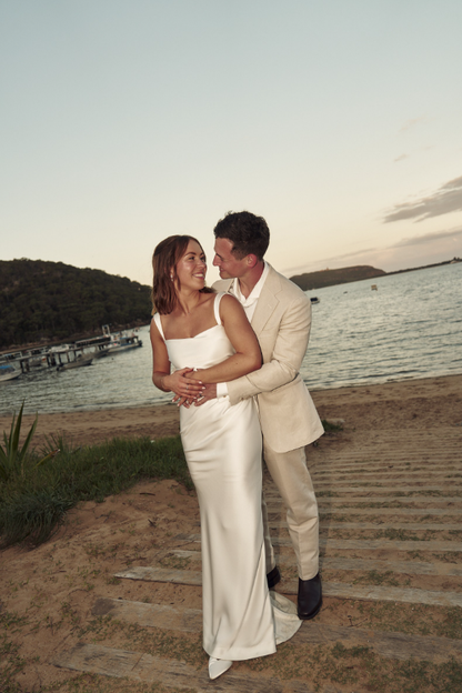 Simple Elegant Sheath Strap White Satin Long Sweep Wedding Dress SH2249