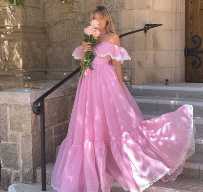 Pink Tulle Off The Shoulder Lace  Long Prom Dressï¼_legant Evening Dress SH716