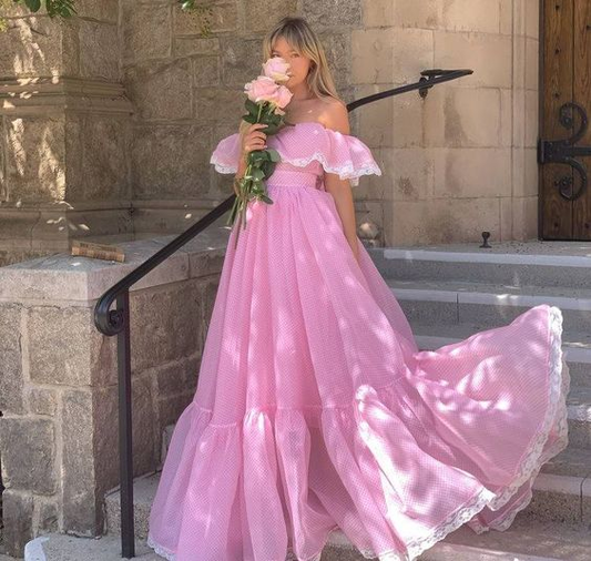 Pink Tulle Off The Shoulder Lace  Long Prom Dressï¼_legant Evening Dress SH716